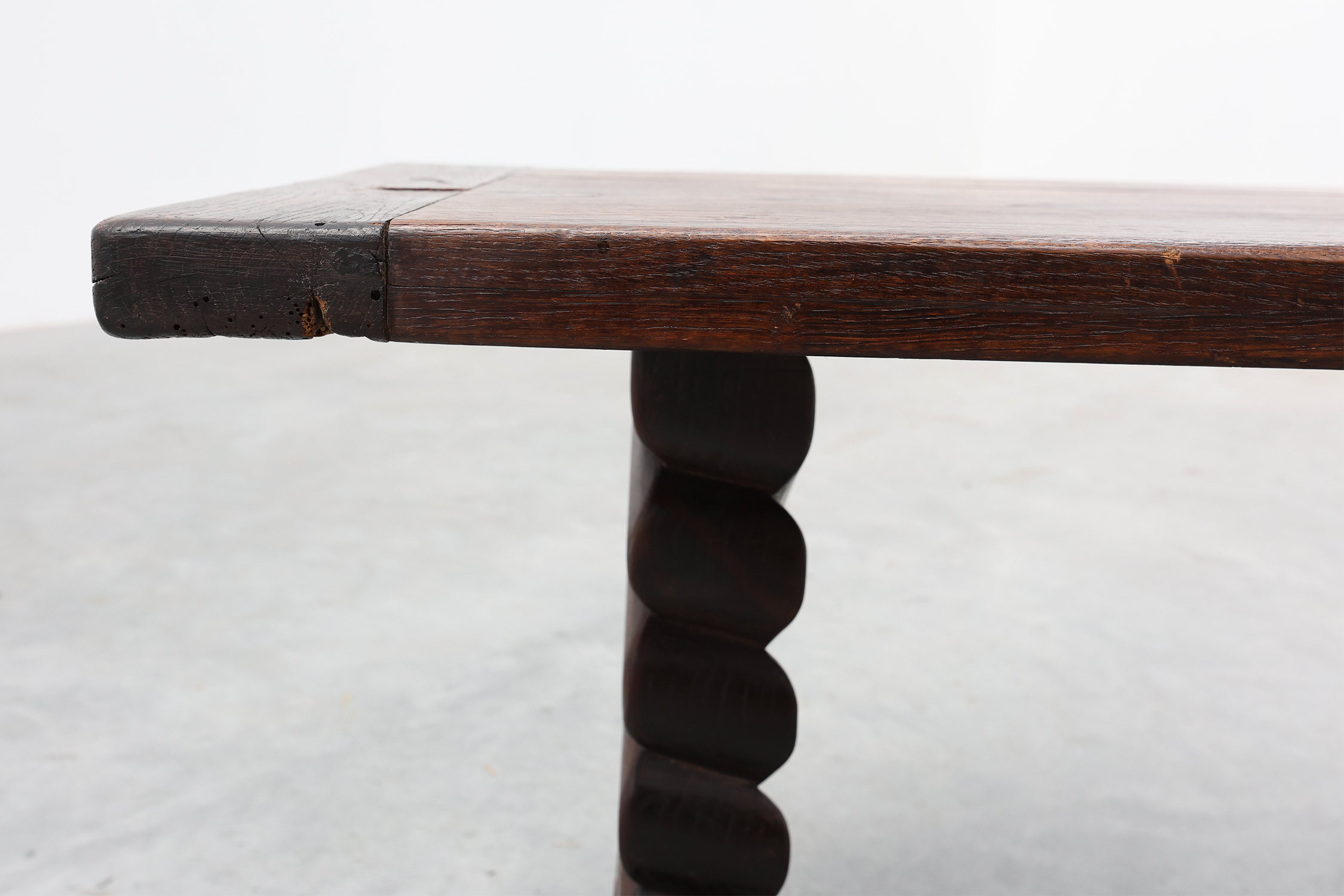 Dark Oak Coffee Table with Spiral‑Turned Trestle Legs, France, circa 1915thumbnail